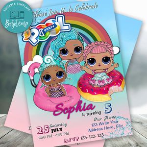 Editable Donut Lol doll Pool Party Invitation and Free Thank You Tag Instant Download