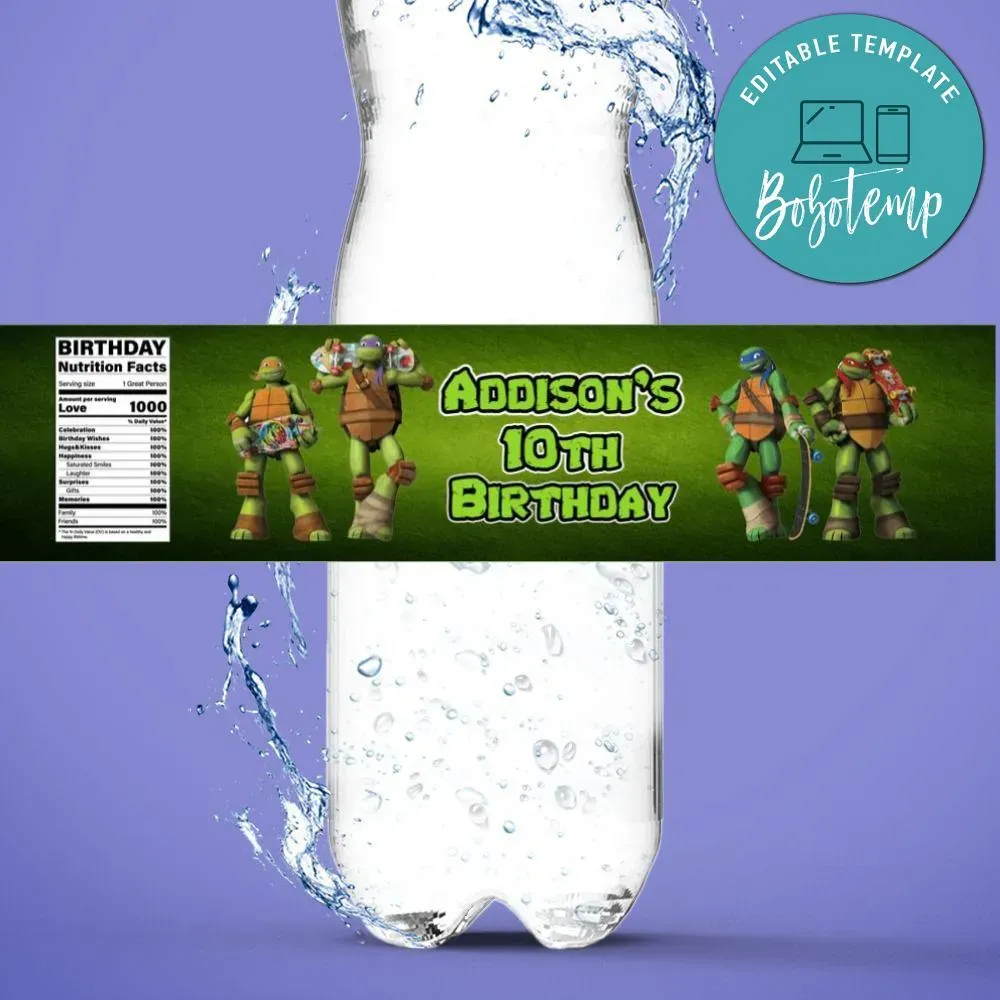 Ninja Turtles Birthday Water Bottle Label Template | Bobotemp