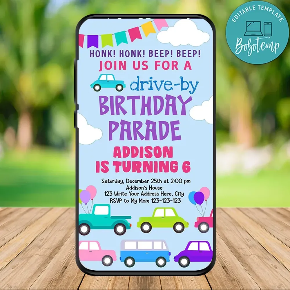 Electronic Girl Drive By Birthday Parade Evite Invitation Diy