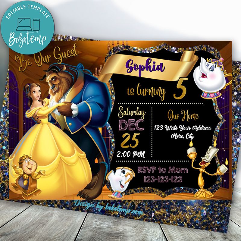 Editable Beauty And Beast Birthday Invitation Instant Download | Bobotemp