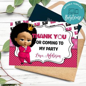 Black Girl Princess Baby Boss Thank you card Template to Print at Home Instant Download