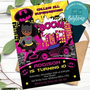 African American Batgirl Birthday Invitation Template to print at home Instant Download