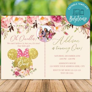 Printable Minnie Mouse Pink Gold Glitter Birthday Flyer With Photo Instant Download