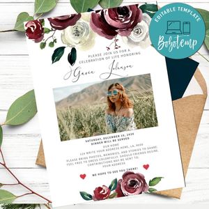 Watercolor Burgundy Florals Funeral Announcement Template to Print at Home Instant Download