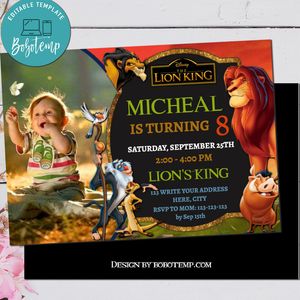 Editable The Lion King With Picture Birthday Invitation Digital File