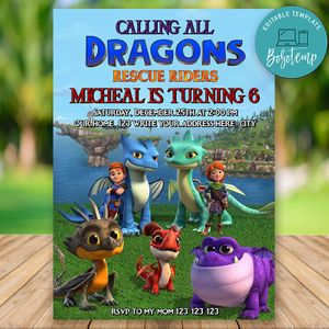 Editable Dragons Rescue Riders birthday Flyer Instant Download