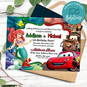 Printable Little Mermaid And Disney Cars Twins Birthday Invitations Instant Download