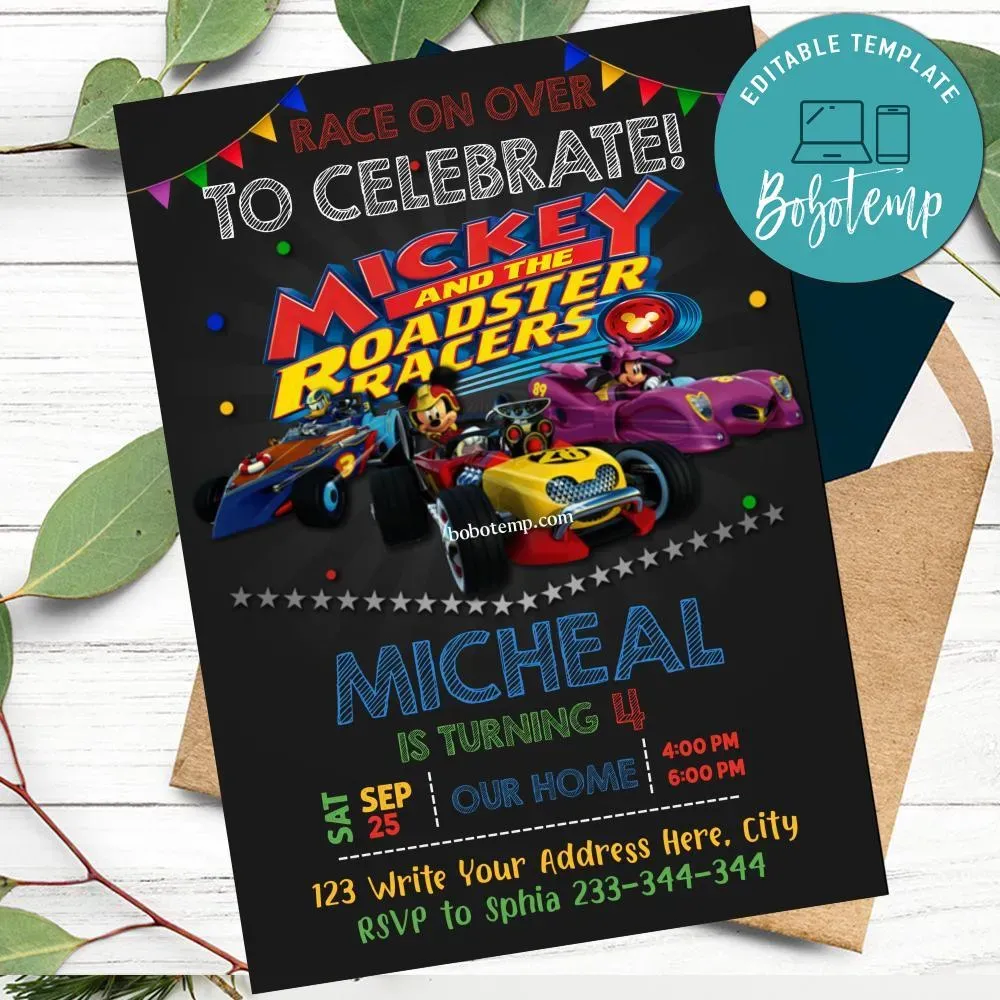 Editable Mickey the Roadster Racers Birthday Invitations DIY | Sportspartydesign
