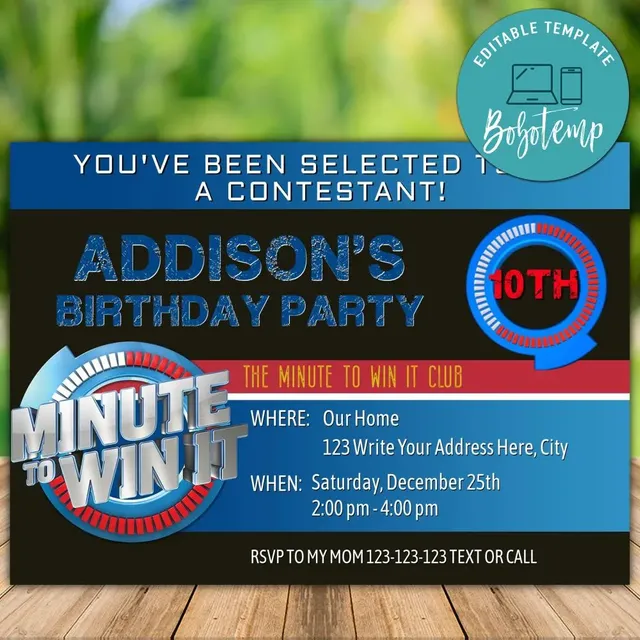 Printable Minute To Win It Birthday Party Invitation DIY | Bobotemp