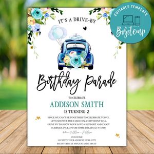 Printable Blue Drive By Birthday Parade Invitation and Free Thank You Card Instant Download