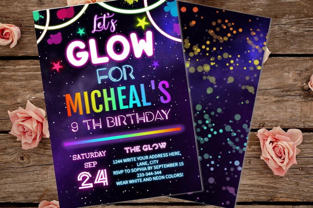 Editable Neon Glow In The Dark Birthday Party Invitation DIY Bobotemp