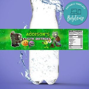 Plants vs Zombies Water Bottle Label Template to Print at Home Instant Download