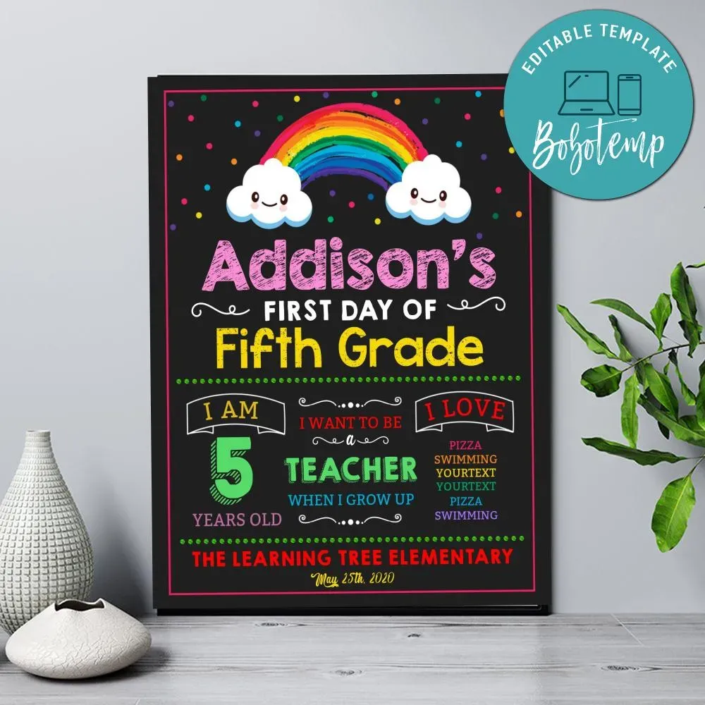 Rainbow First Day Of Kindergarten Chalkboard Sign Printable Bobotemp