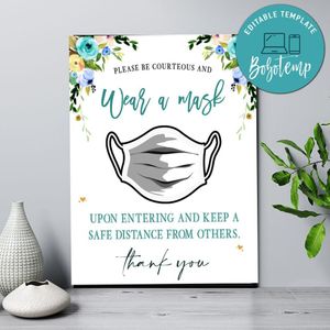 Blue Floral Social Distancing Poster Sign to Print at Home Instant Download