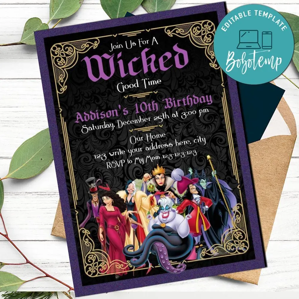 Disney villain Birthday Invitation Template Instant Download Bobotemp