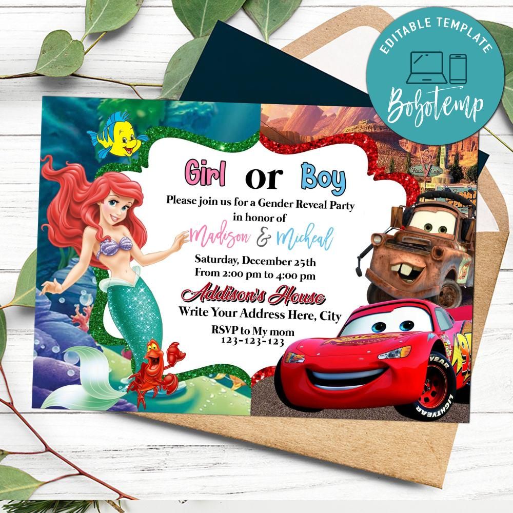 Printable Mermaid Or Disney Cars Gender Reveal Invitation DIY | Bobotemp  Shop, image size:1000x1000