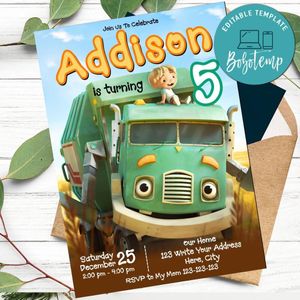Garbage Truck TV Invitation Template to Print at Home Instant Download