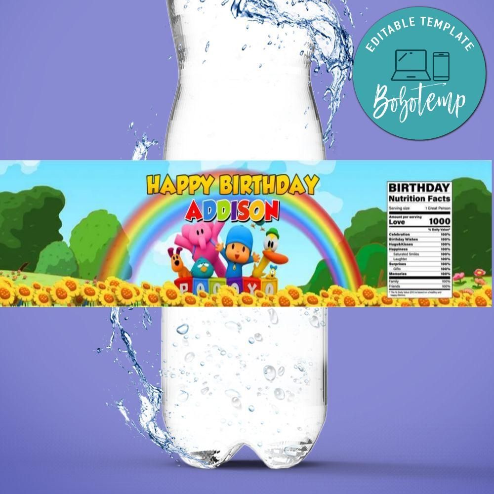 Pocoyo Water Bottle Label Template to Print at Home Instant Download