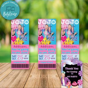 Editable JoJo Siwa TICKET INVITATION - JoJo Gifts and Free Thank You Tag Instant Download