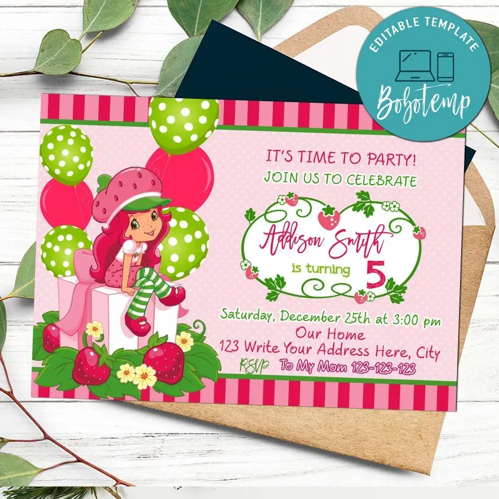 Strawberry shortcake Invitation Template to Print at Home DIY | Bobotemp