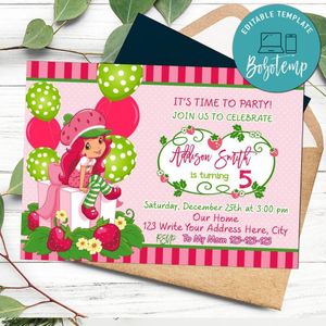 Strawberry shortcake Invitation Template to Print at Home Instant Download