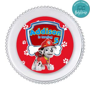 Marshall Paw Patrol Charger Plate Label Template to Print at Home Instant Download