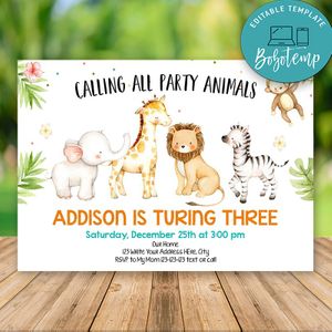 Editable Zoo Safari Party Animals Birthday Flyer Instant Download