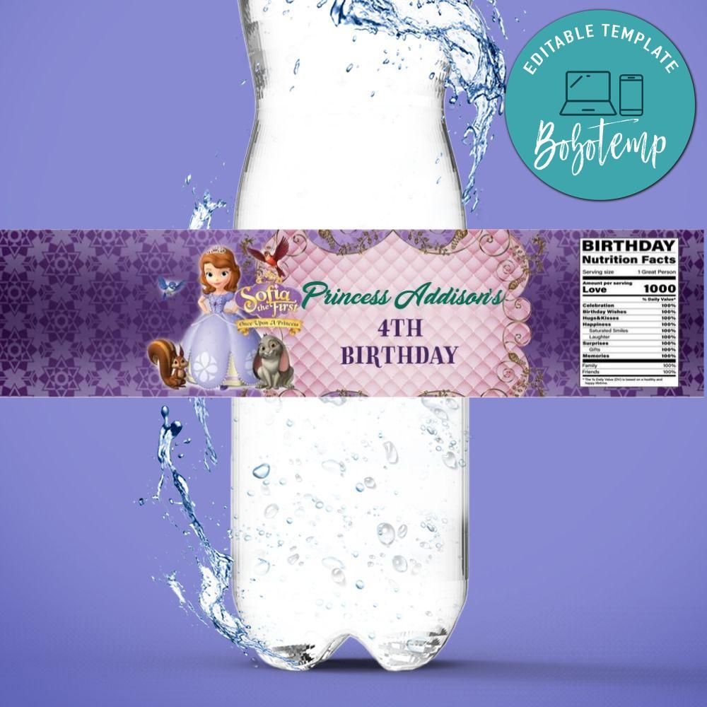 Princess Sofia The First Water Bottle Label Template to Print at Home Instant Download