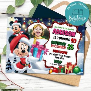 Minnie Mouse Christmas Birthday Invitation Template to print at home Instant Download