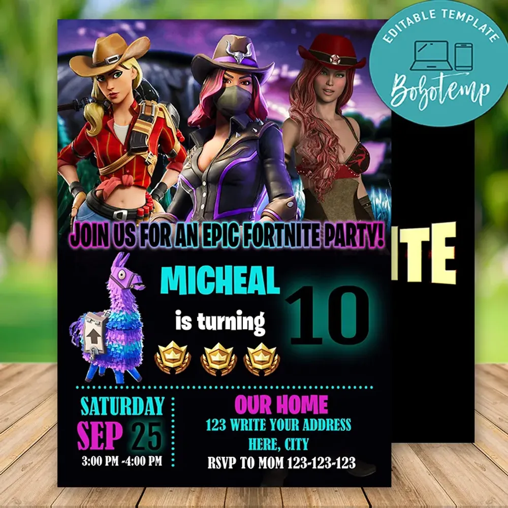 Editable Cowgirl Fortnite Season 11 Birthday Invitations Diy Bobotemp