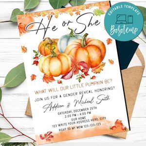Pumpkin gender reveal Invitation Customizable Template Instant Download