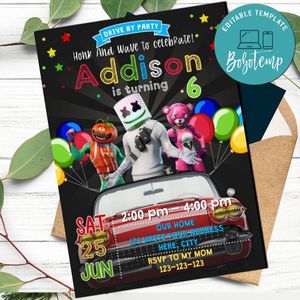 Marshmello Drive By Birthday Parade Invitation Printable Instant Download