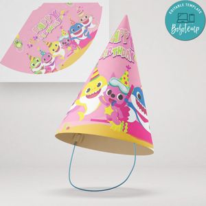 Girl Baby Shark Birthday Party Hat Customizable Template Instant Download
