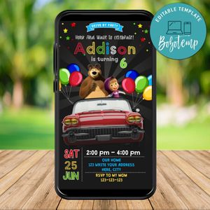 Mobile Masha and Bear Drive By Birthday Parade Electronic Invite Invitation Template Instant Download