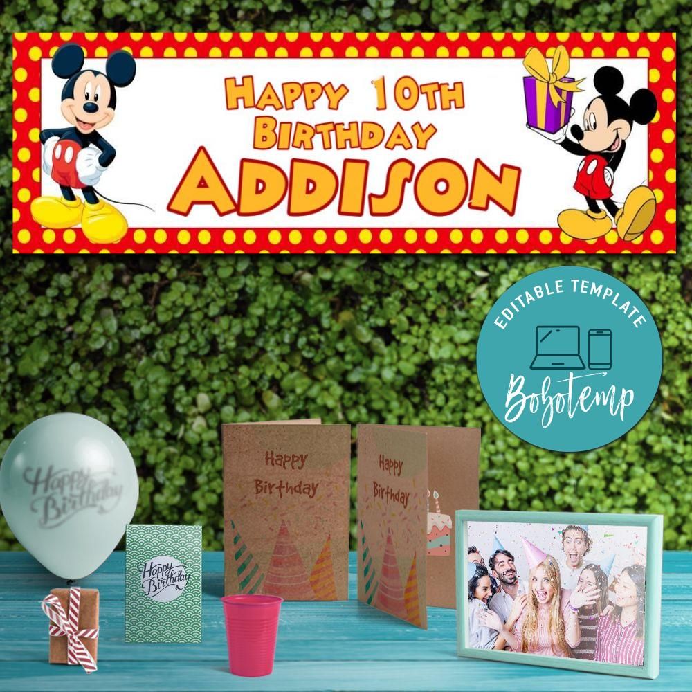 Mickey Mouse Birthday Banner Printable Instant Download | Bobotemp