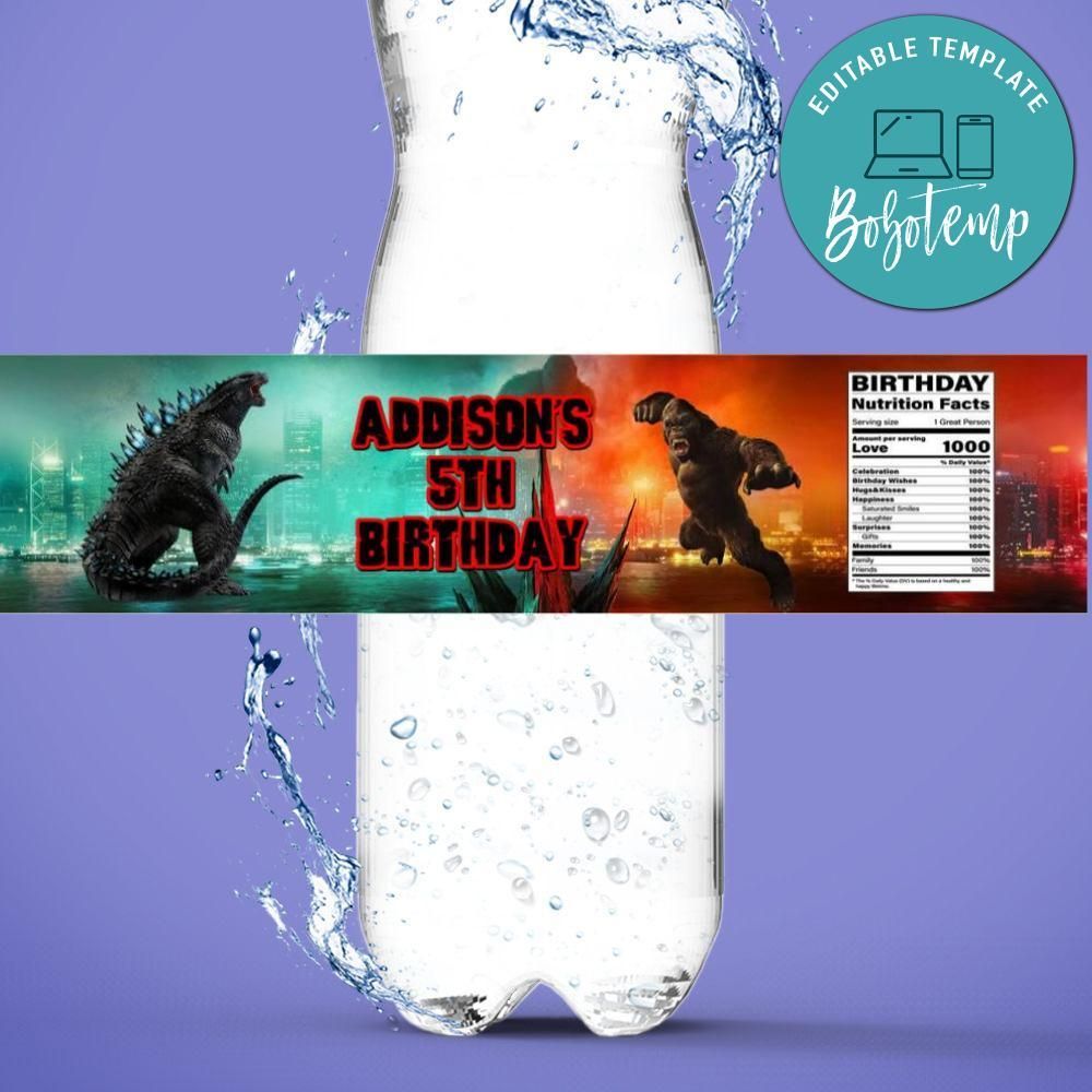 Godzilla and Kong Water Bottle Label Template to Print at Home Instant Download