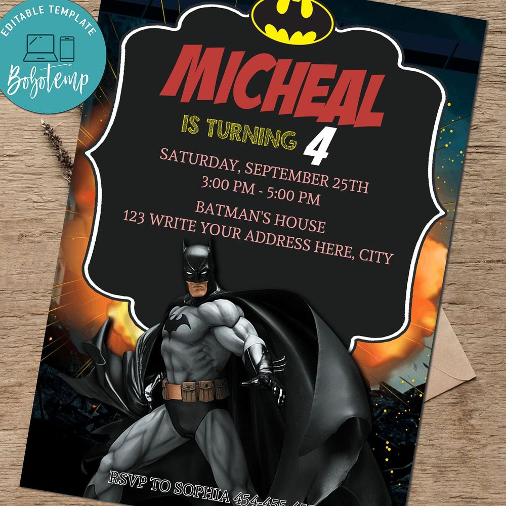 Superhero Boy Birthday Flyer - Batman party Flyer Editable