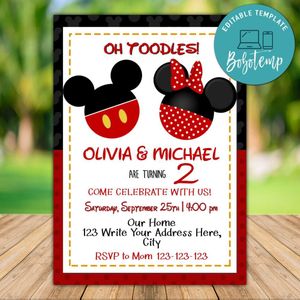 Printable Twin Mickey and Minnie Birthday Invitations Instant Download