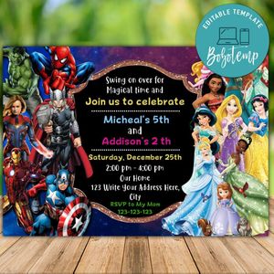 Printable Superhero and Princess Joint Birthday Invitation Instant Download