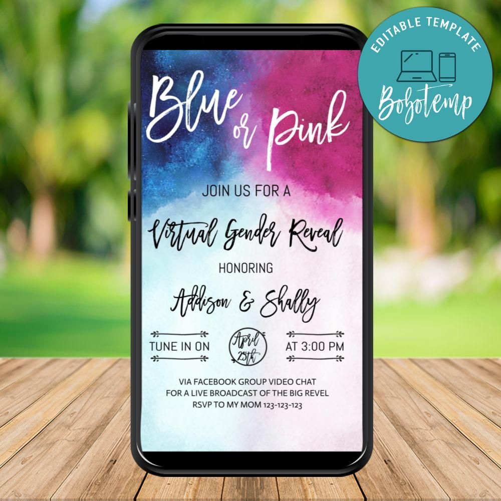 Electronic Pink or Blue Virtual Gender Reveal Invitation Electronic