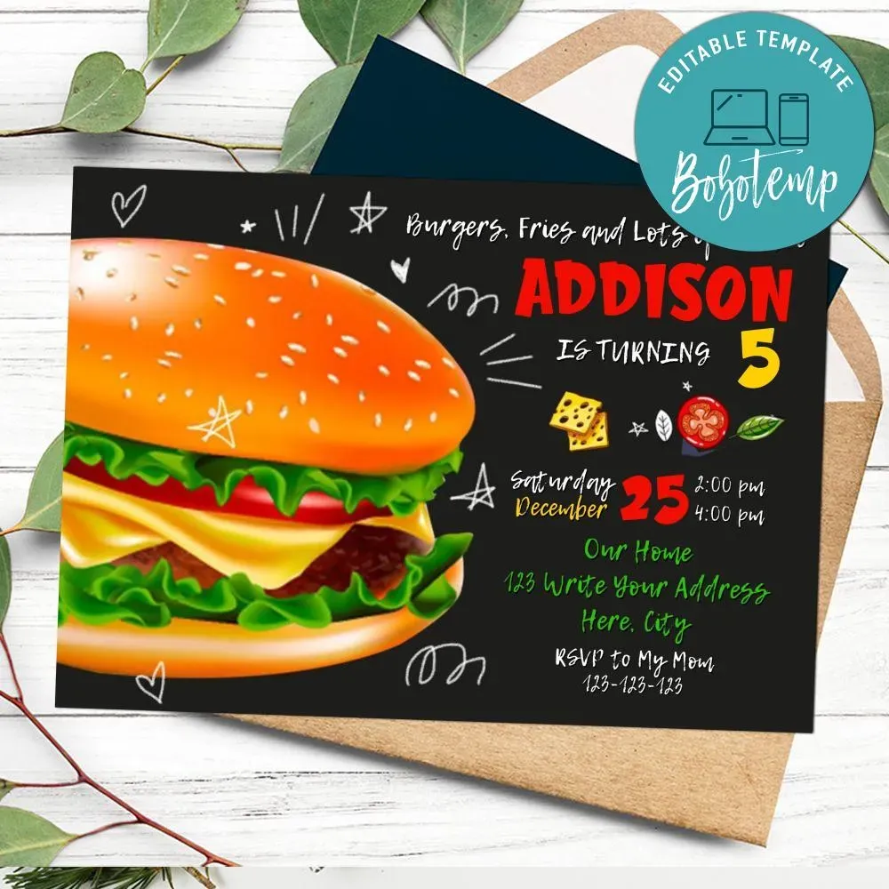 Burger Invitation Customizable Template DIY | Bobotemp