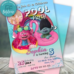 Editable Trolls Pool Party Birthday Invitation With Photo Instant Download