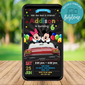 Mobile Mickey Mouse Drive By Birthday Parade Electronic Invite Invitation Template Instant Download