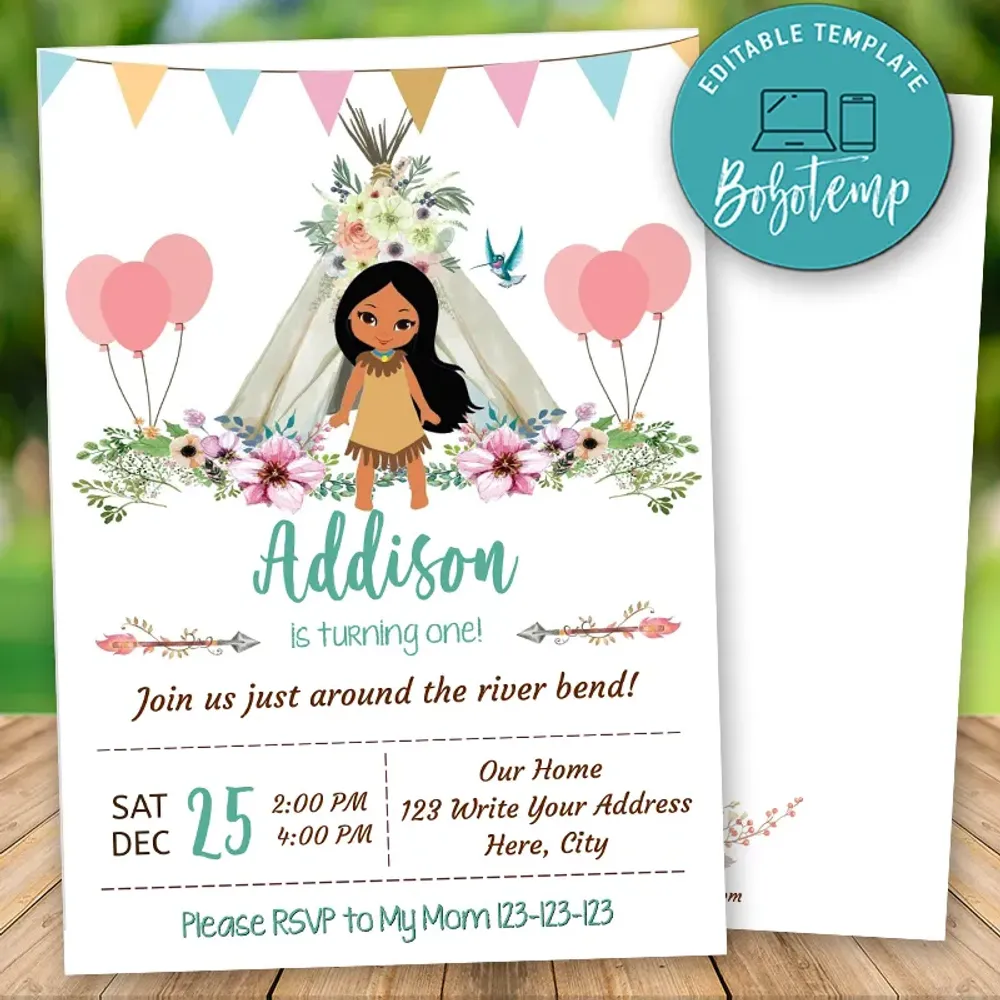Editable Pocahontas First Birthday Invitations DIY | Bobotemp