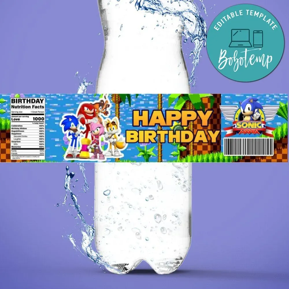 Sonic the Hedgehog Birthday Water Bottle Label Printable | Bobotemp