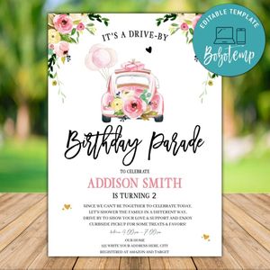 Printable Pink Drive By Birthday Parade Invitation and Free Thank You Card Instant Download