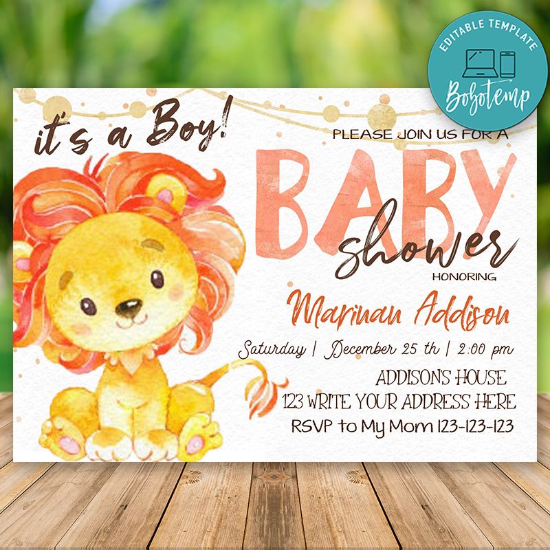 Editable Lion Baby Shower Invitation For Boy Instant Download | Bobotemp