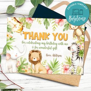 Safari Thank you card Template to Print at Home Instant Download