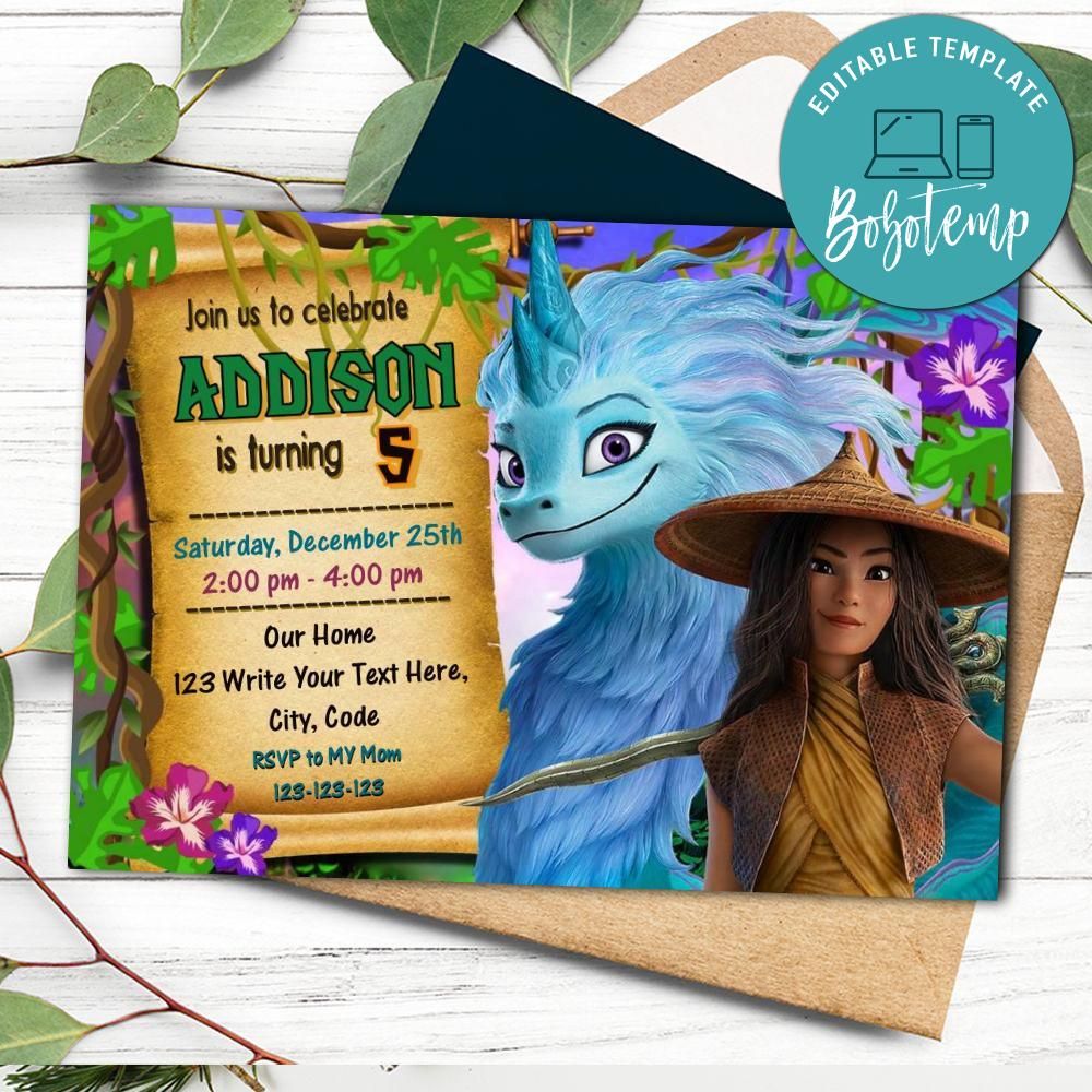 Raya and the Last Dragon Digital Invitation Template DIY | Bobotemp for Free Printable Dragon Birthday Invitations