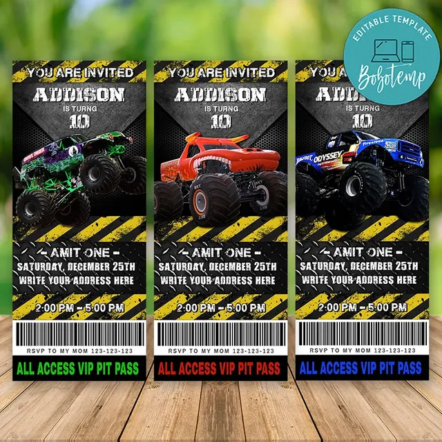 Printable Grave Digger Monster Truck Birthday Ticket Invitation | Bobotemp